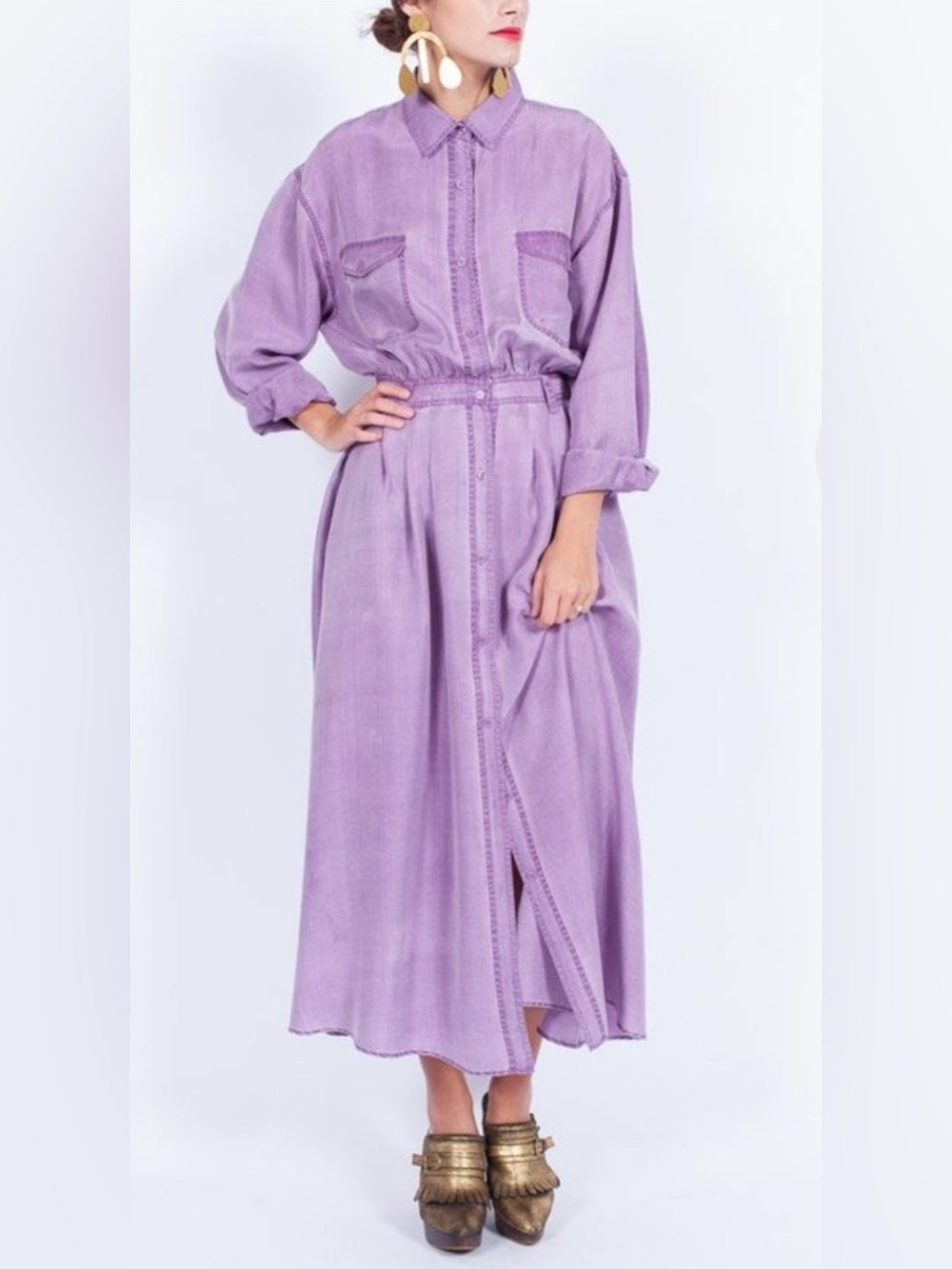 Vintage 100% Silk Purple Lightweight Button-Front Shirt Dress w/Pockets-12